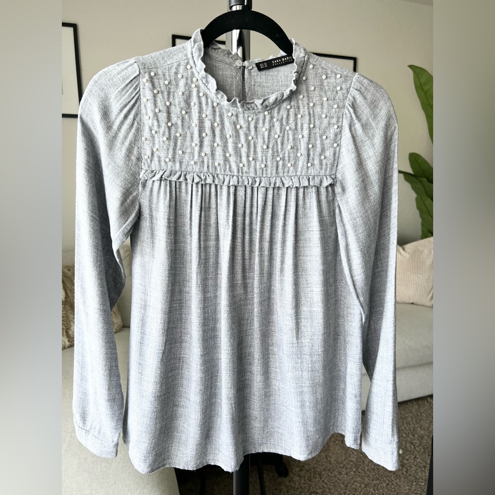 Zara Marled Gray Blouse with Pearls - XS